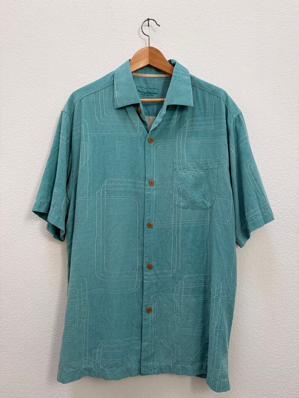 Tommy Bahama 100% Silk Short Sleeve Camp Shirt Mens L Teal Geometric Retro